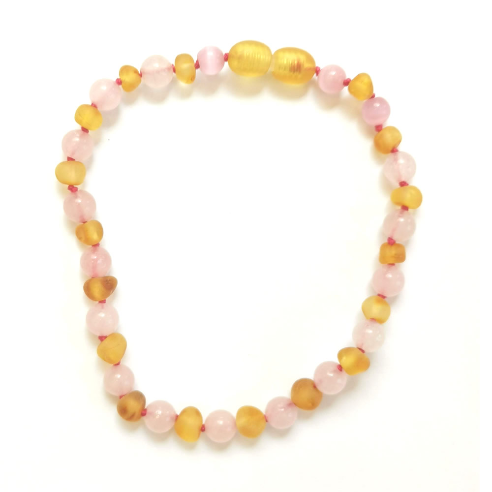 Adult Unpolished Honey Amber And Rose Quartz Anklet